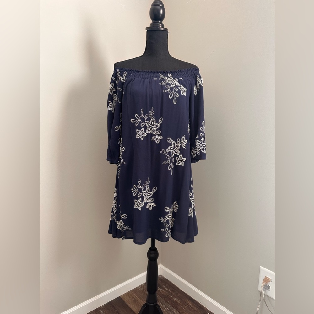 Sequin Hearts Women's Off The Shoulder Blue Floral
Embroider Mini Dress